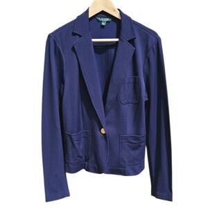 Ralph Lauren Women's Knit Blazer Viscose Navy Gold Buttons Size Large